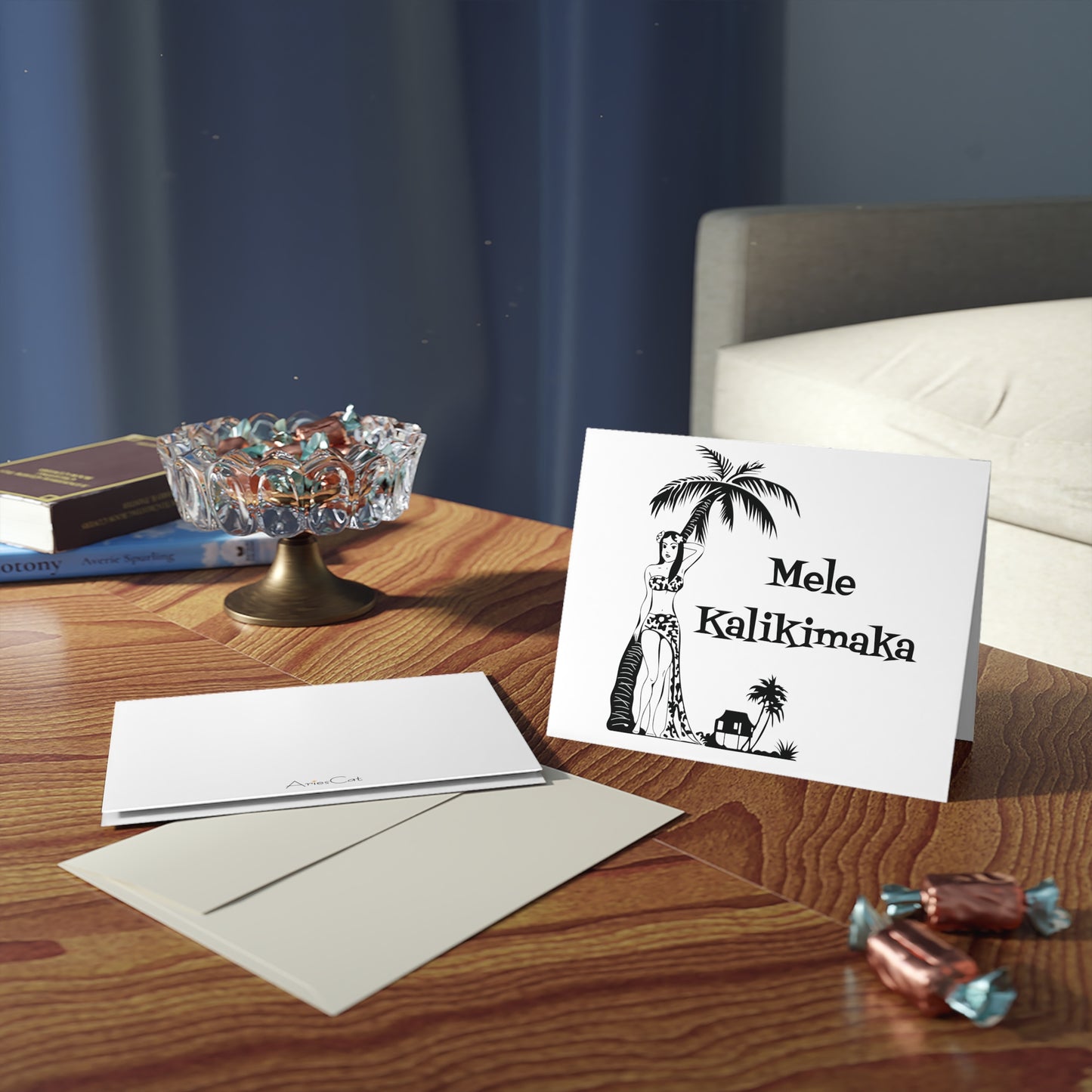 Mele Kalikimaka Hawaiian Girl Atomic Mid Century Retro Matte Greeting Cards (8, 16, and 24 pcs)