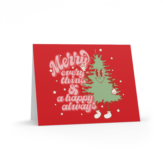 Merry Everything And Happy Always Christmas Tree Retro Style Matte Greeting Cards (8, 16, and 24 pcs)