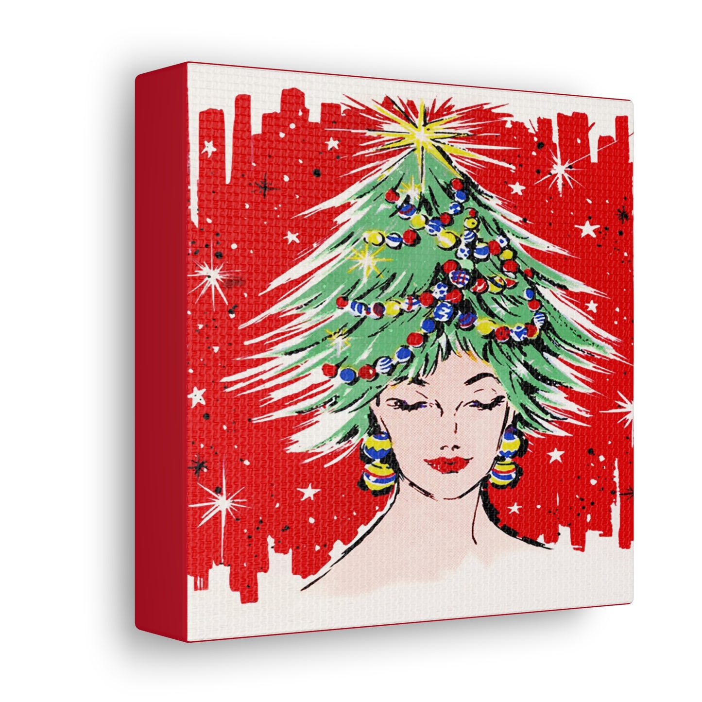 Christmas Tree Hat Lady 50s Mid Century Retro Christmas Print Canvas Gallery Wrap