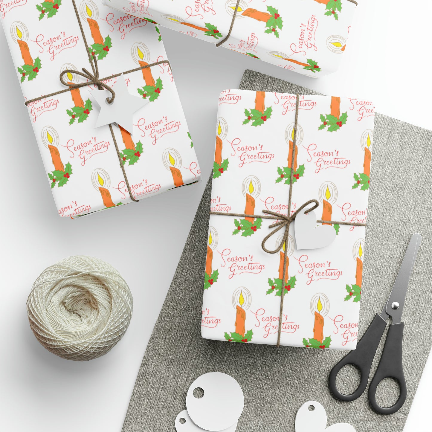 Season's Greetings Christmas Candle With Holly Retro Style Christmas Print Holiday Gift Wrap Paper - Glossy Or Matte