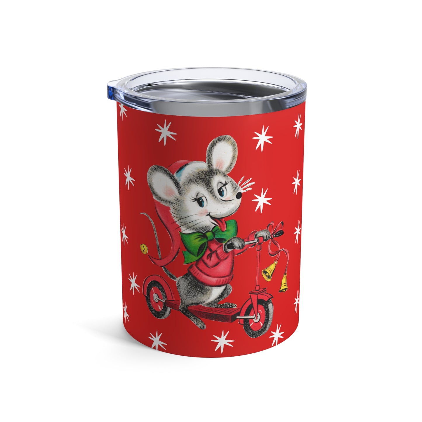 Christmas Mouse On Scooter Stars Mid Century Retro Christmas Print Stainless Steel Tumbler 10oz