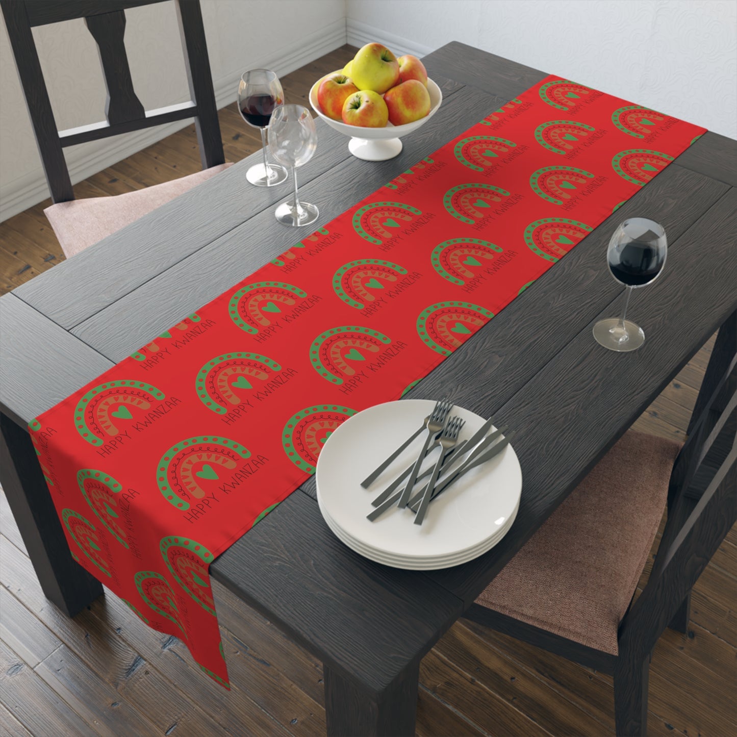 Happy Kwanzaa Boho Rainbow Red Print Cotton Poly Table Runner