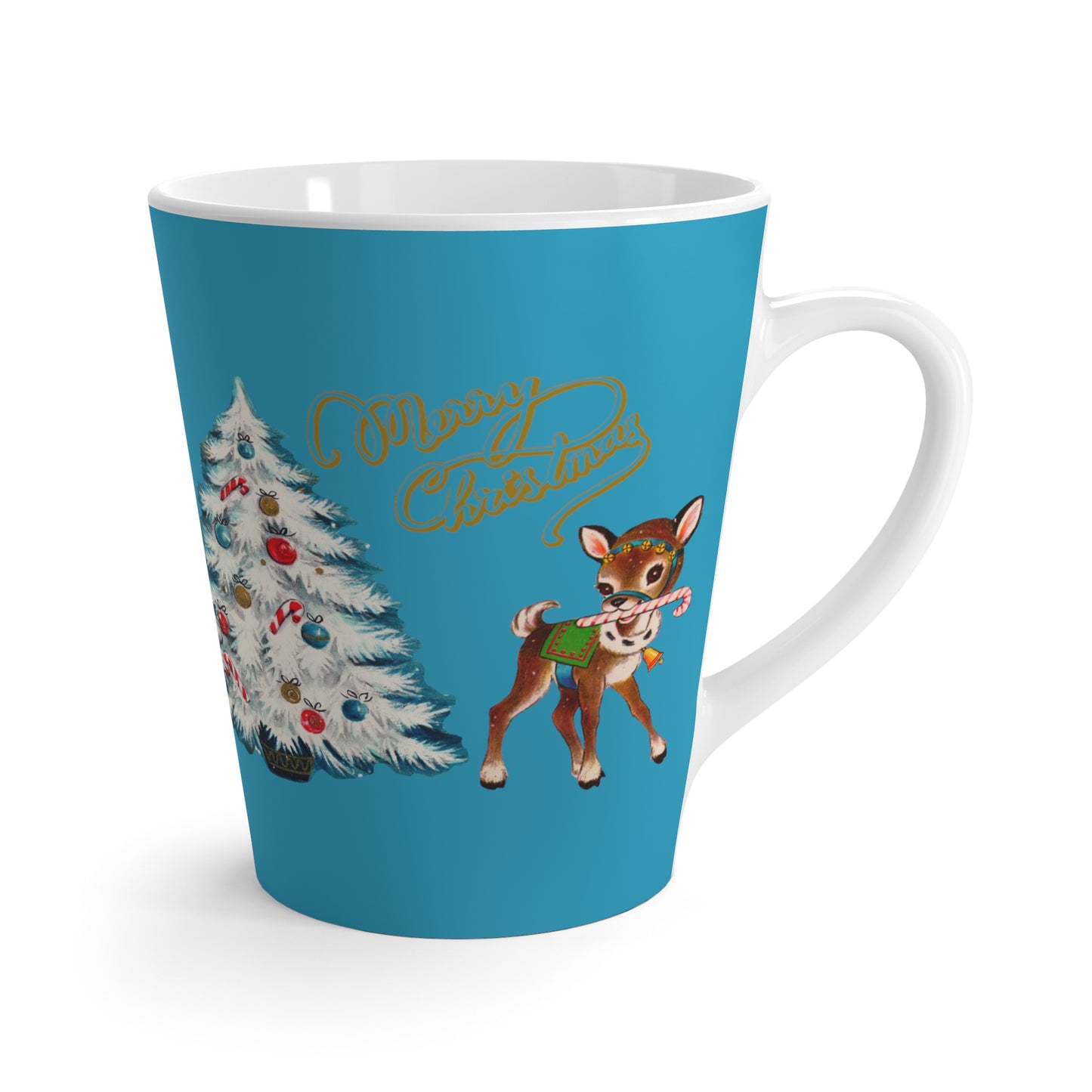 Merry Christmas Reindeer Tree Blue Mid Century Retro Christmas Print Latte Coffee Mug