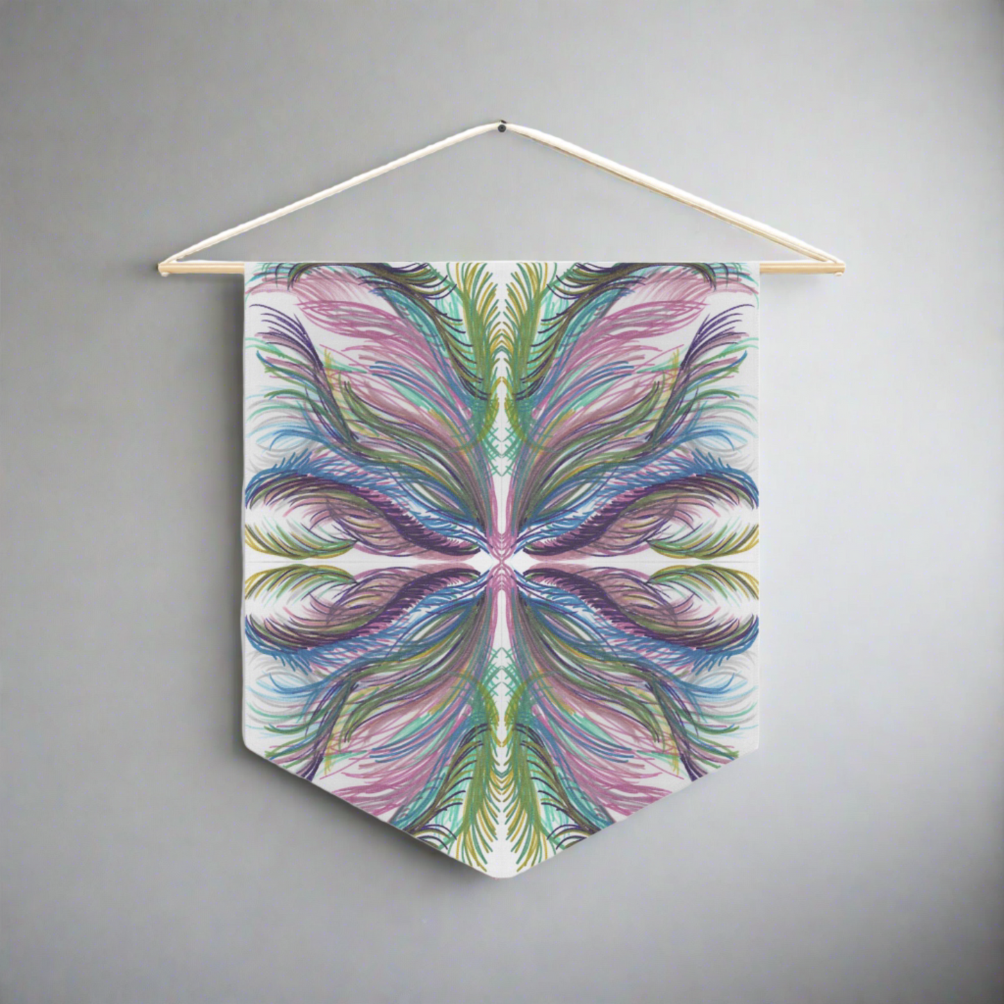 This fabric wall hanging features greens, blues, and purples inspired by the palm leaves of celestial Lyra. Artwork is by Caden Caraco. 