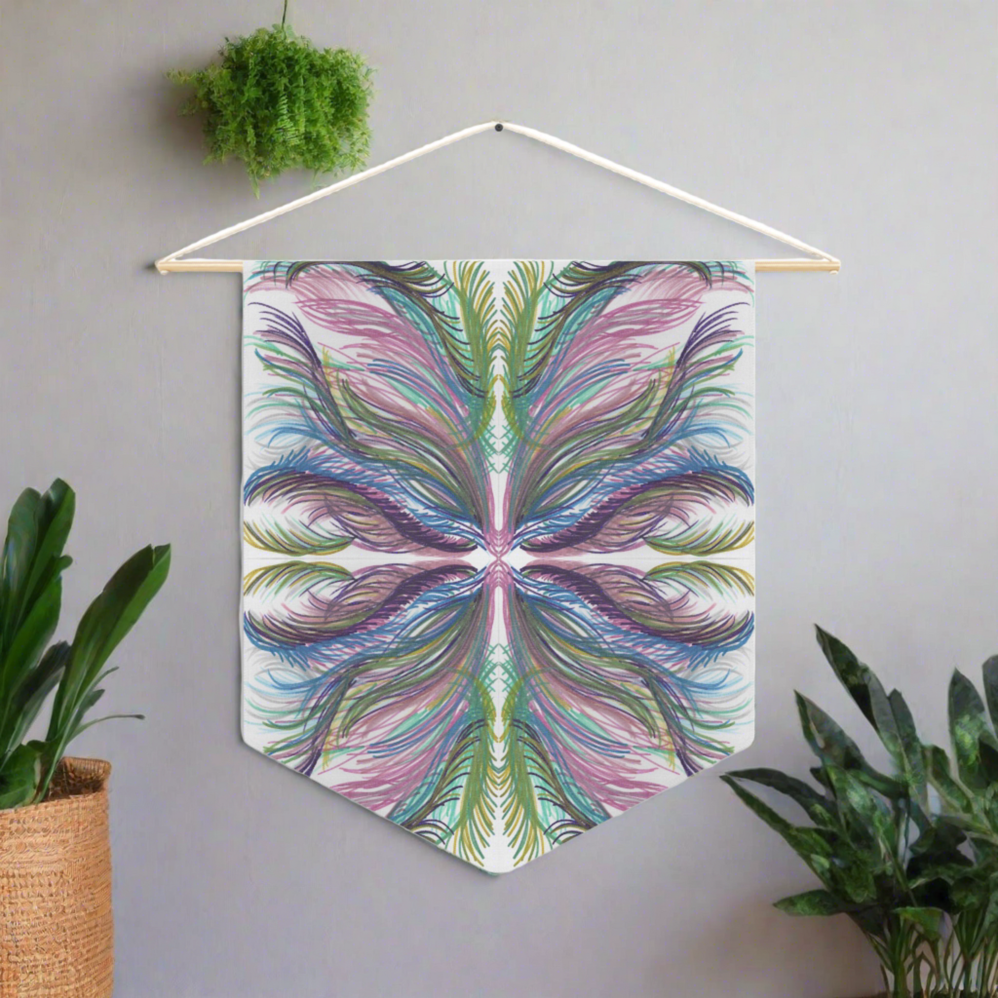 This fabric wall hanging features greens, blues, and purples inspired by the palm leaves of celestial Lyra. Artwork is by Caden Caraco. 