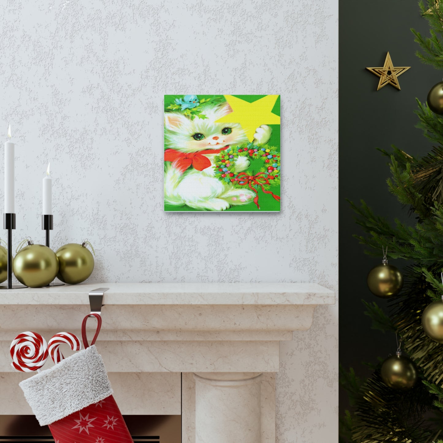 Christmas Kitten With Star Wreath Retro Christmas Print Canvas Gallery Wrap