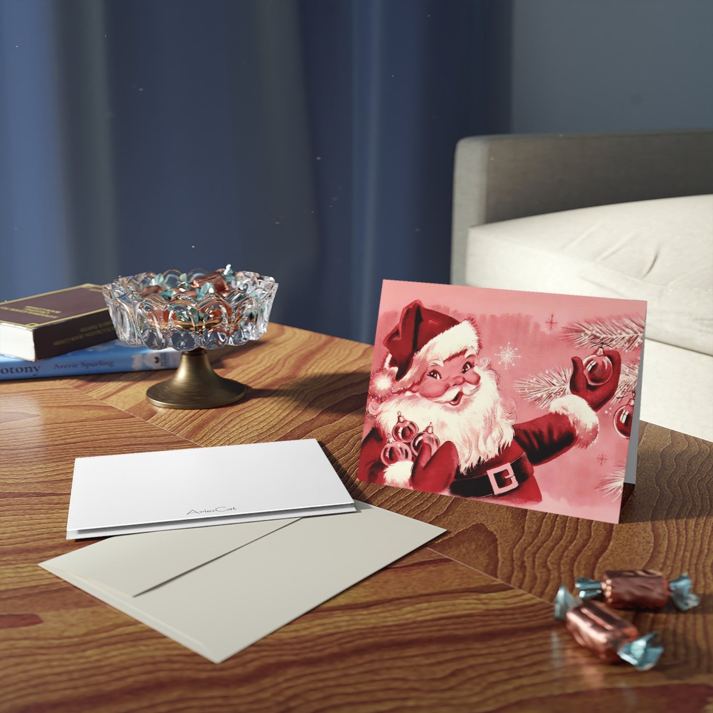 Pink Santa With Ornaments Mid Century Retro Christmas Print Matte Greeting Cards (8, 16, and 24 pcs)