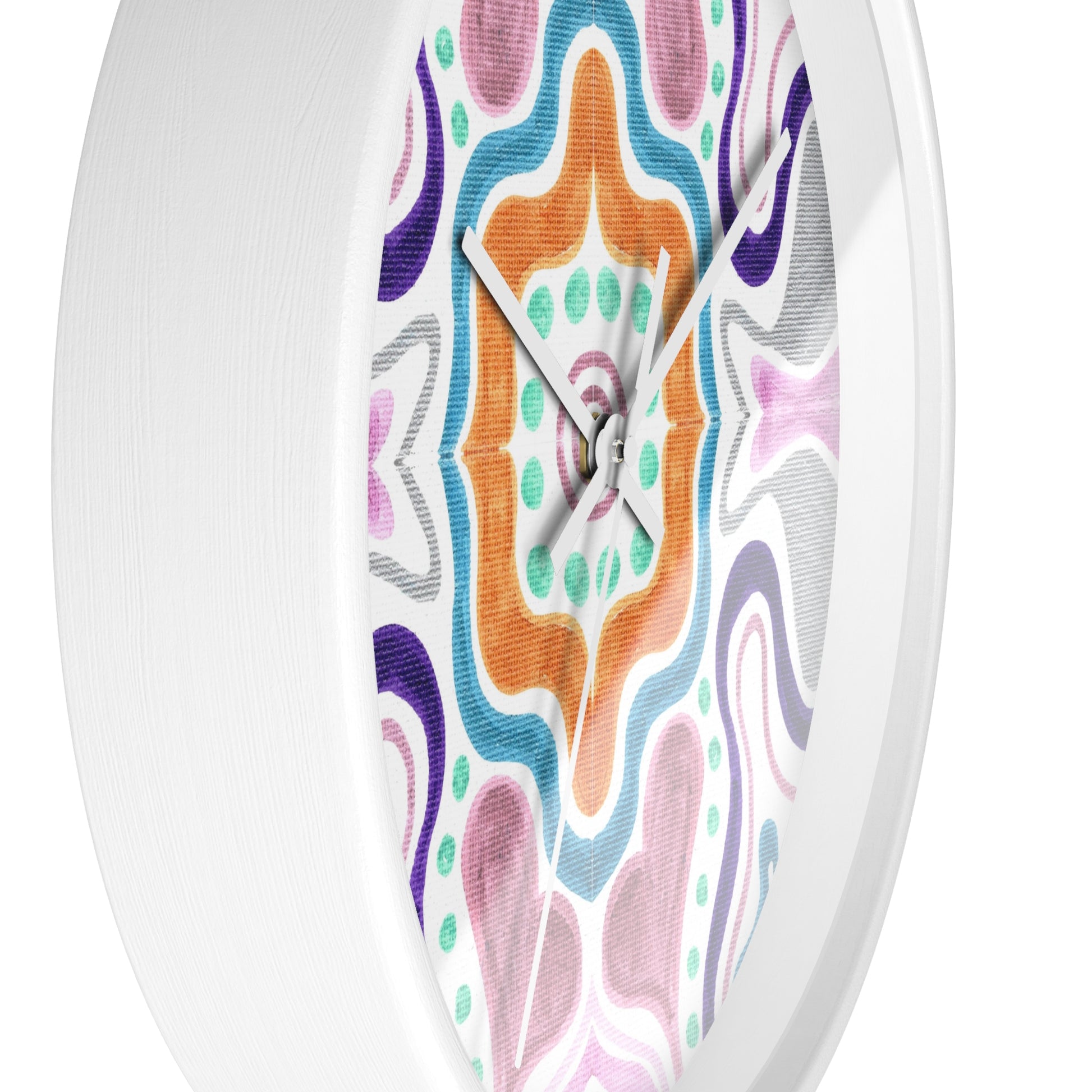 This white wooden clock features the artwork of Caden Caraco. Original medium is pen on canvas and is pieced together to create a mosiac. 