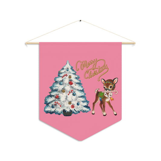 Merry Christmas Reindeer Tree Pink Mid Century Retro Christmas Print Wall Hanging Banner Flag