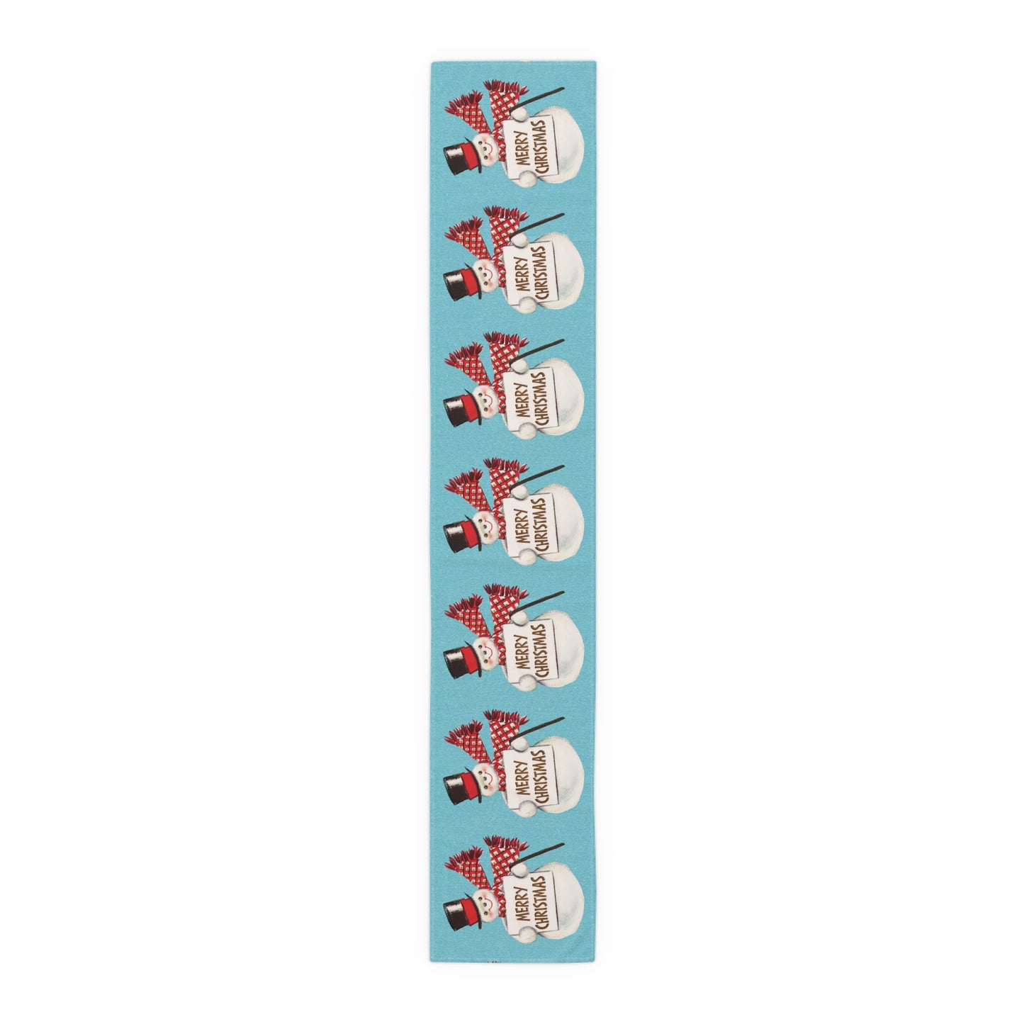 Merry Christmas Snowman Blue Mid Century Retro Christmas Print Home Decor Cotton Poly Table Runner