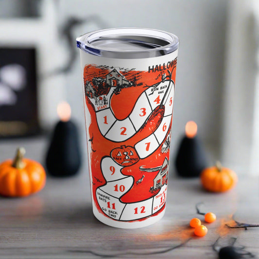 This stainless steel 20 ounce travel tumbler mug features a vintage illustration of a Halloween Board Game.