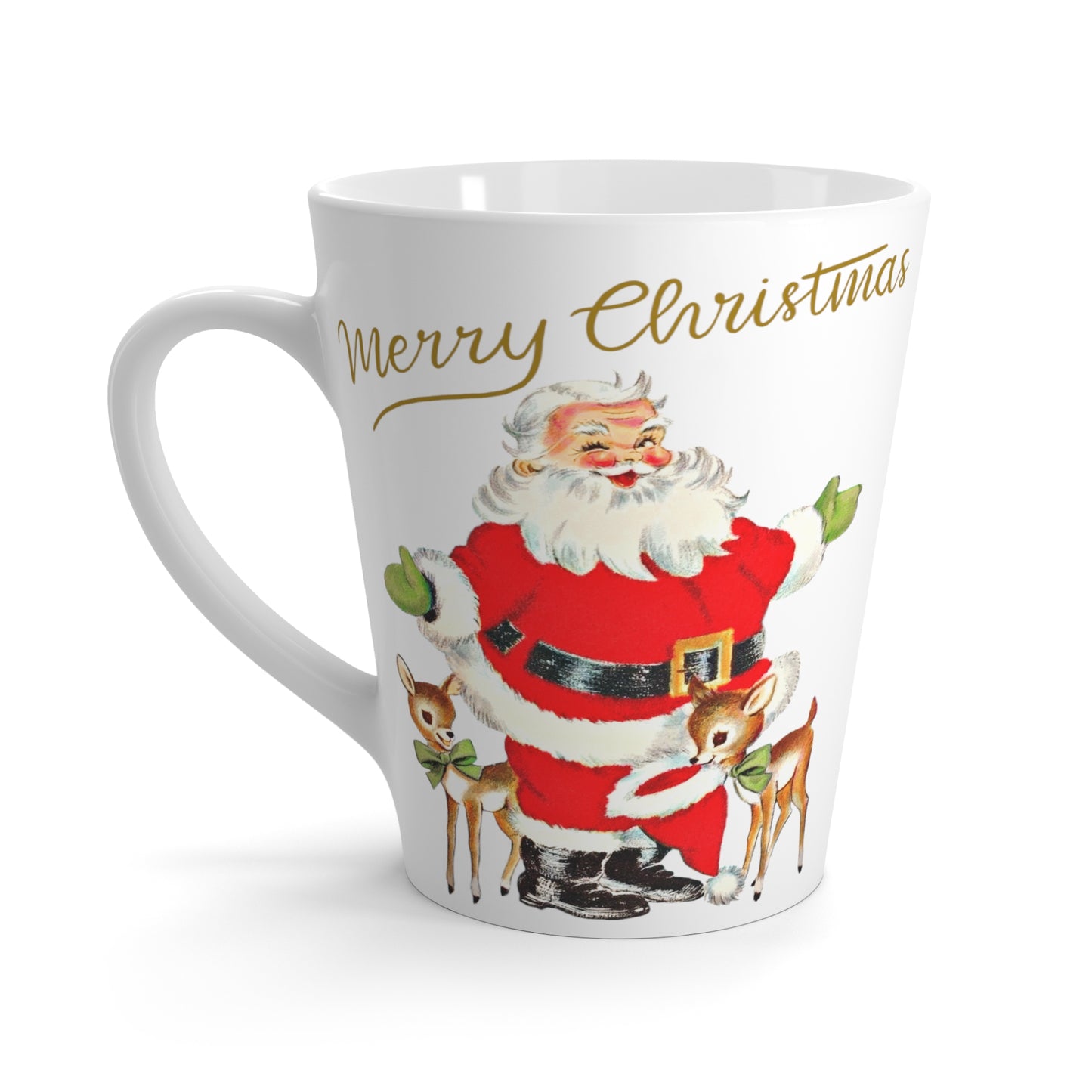 Merry Christmas Santa Reindeer Gold Stars Mid Century Retro Print Latte Mug