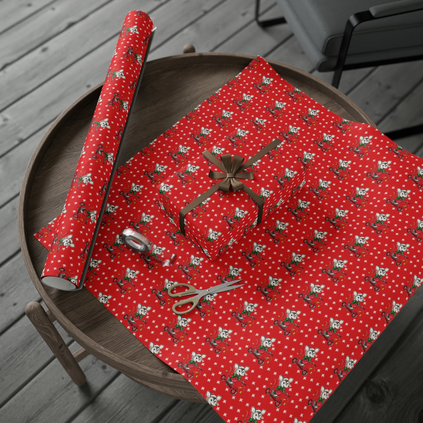 Christmas Mouse On Scooter Stars Red Mid Century Retro Christmas Print Holiday Gift Wrap Paper - Glossy Or Matte