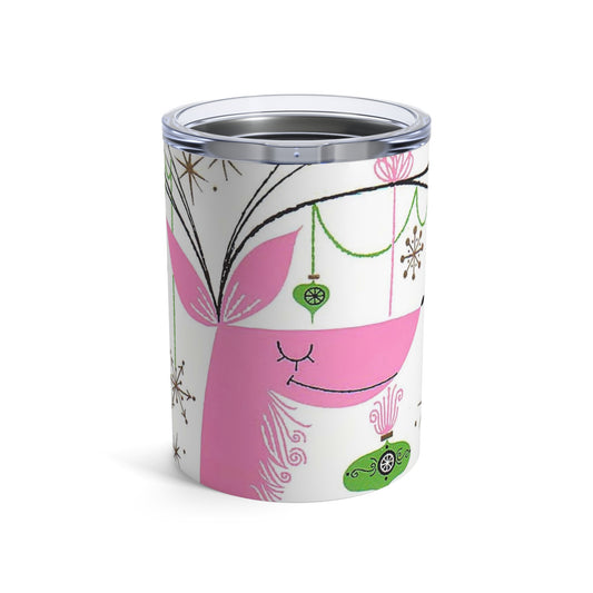 Pink Reindeer With Ornaments Mid Century Retro Christmas Print Stainless Steel Tumbler 10oz