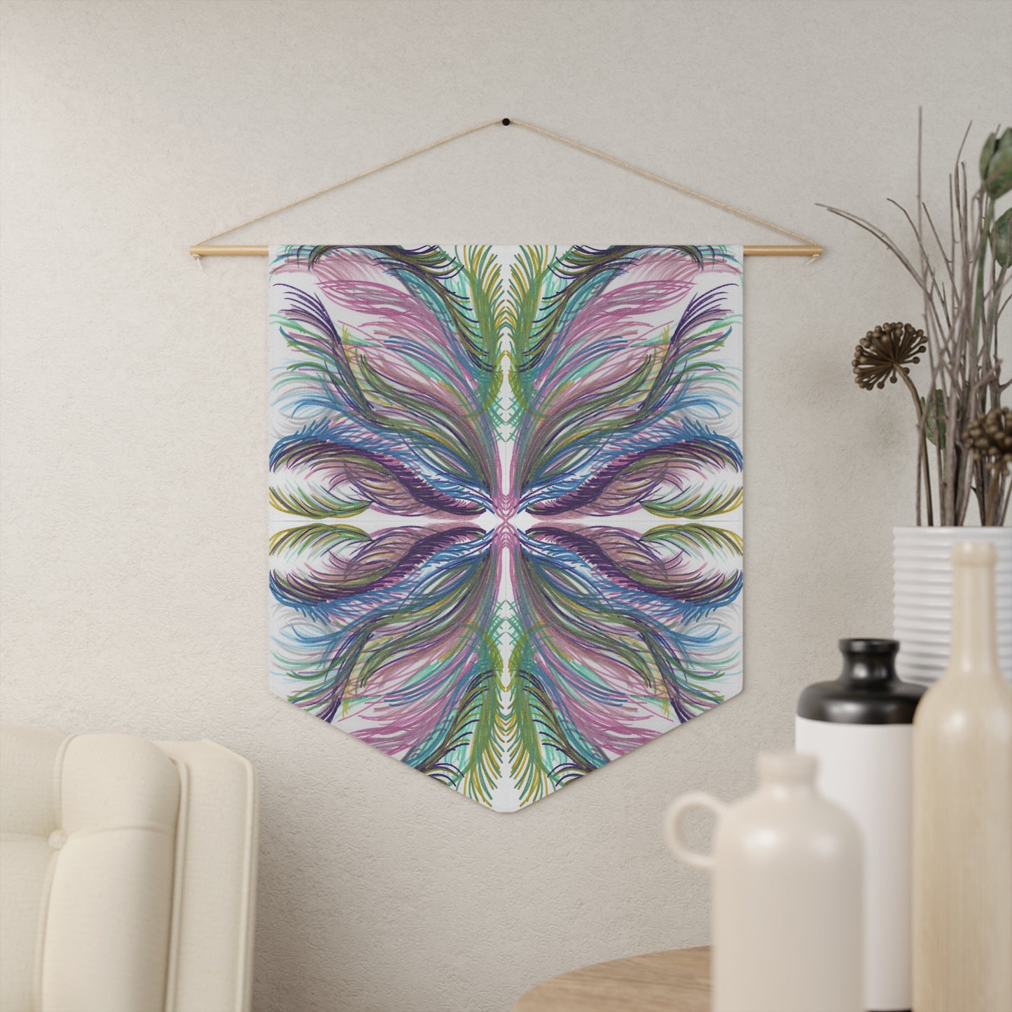 This fabric wall hanging features greens, blues, and purples inspired by the palm leaves of celestial Lyra. Artwork is by Caden Caraco. 