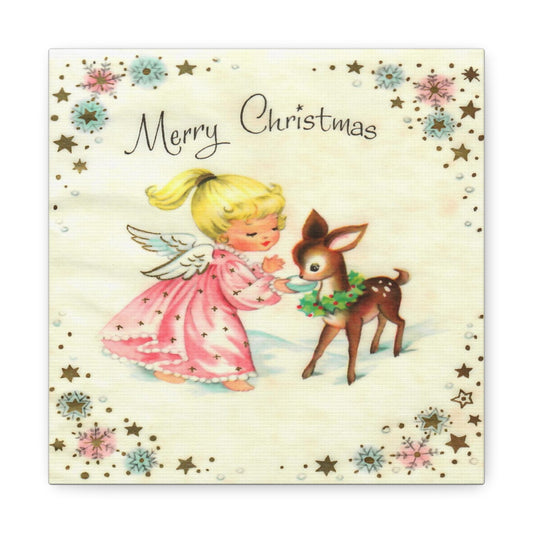 Merry Christmas Angel And Reindeer Retro Christmas Canvas Gallery Wrap