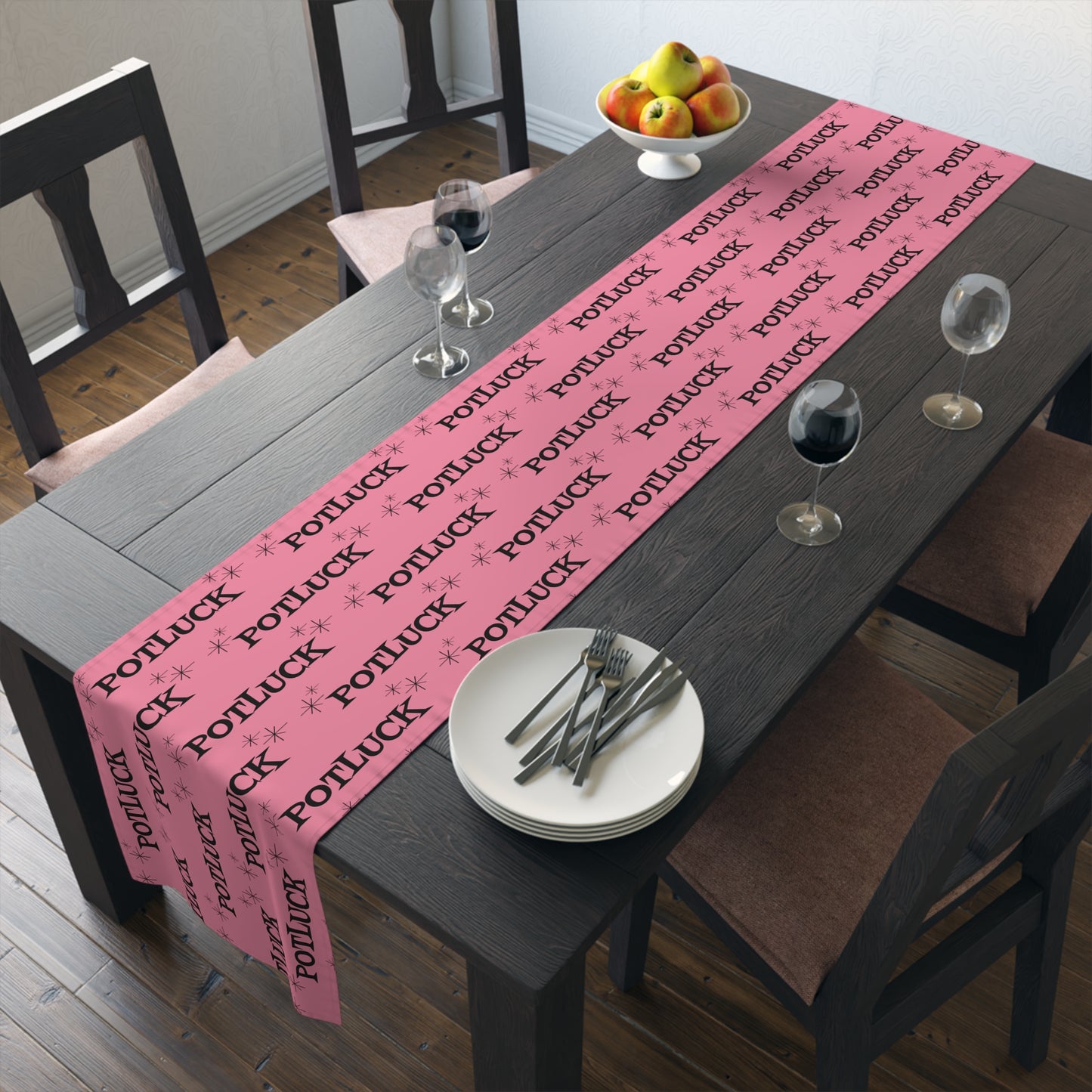 Potluck Pink Atomic Mid Century Retro Style Decor Cotton Poly Table Runner