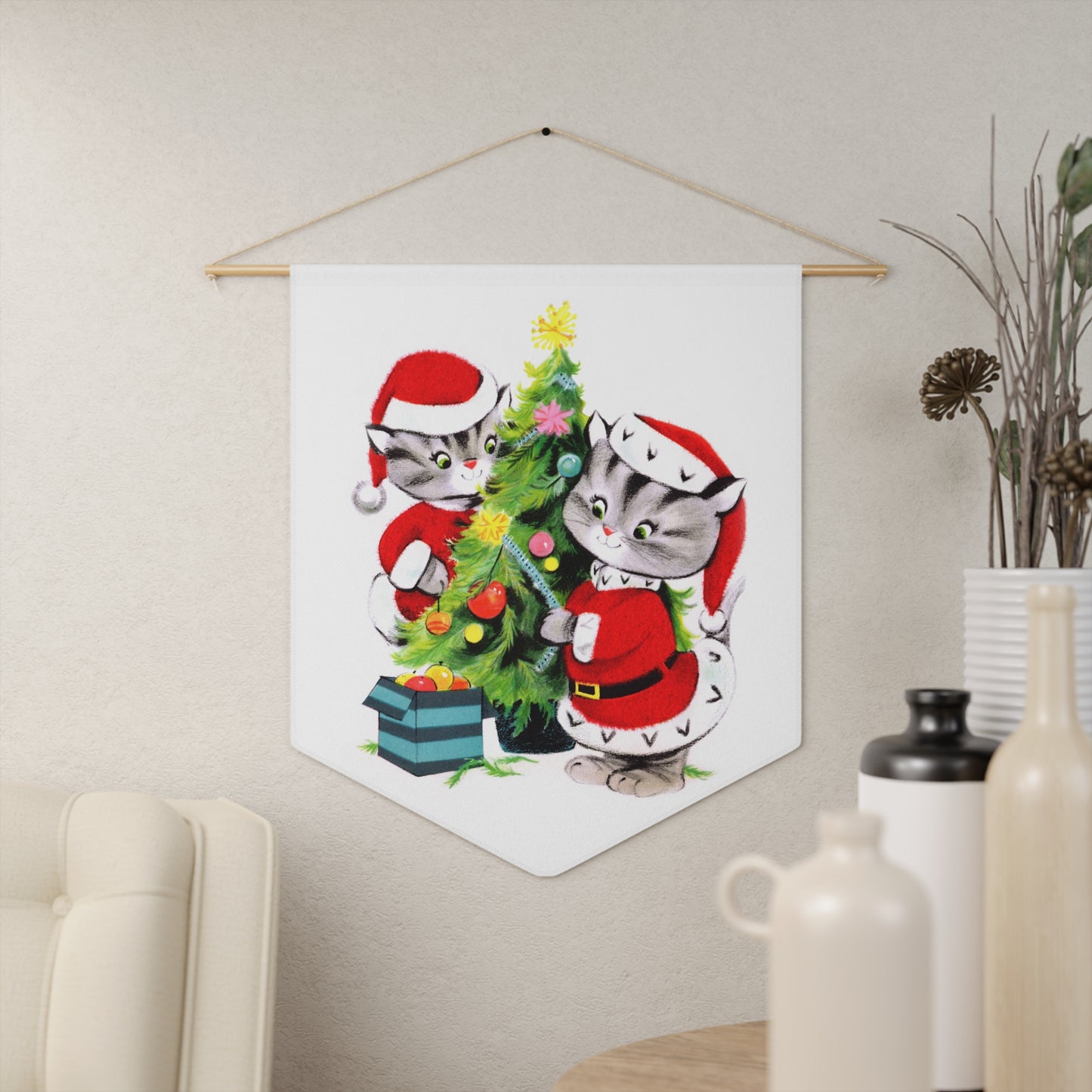 Santa Christmas Cats Decorating Tree Mid Century Retro Christmas Print Wall Hanging Banner Flag