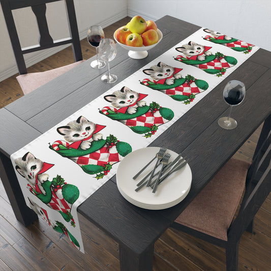 Cute Christmas Kitten In Stocking Mid Century Retro Christmas Print Home Decor Cotton Poly Table Runner