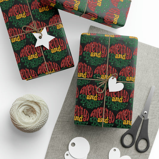 Merry And Bright Black Christmas Print Holiday Gift Wrap Paper - Glossy Or Matte