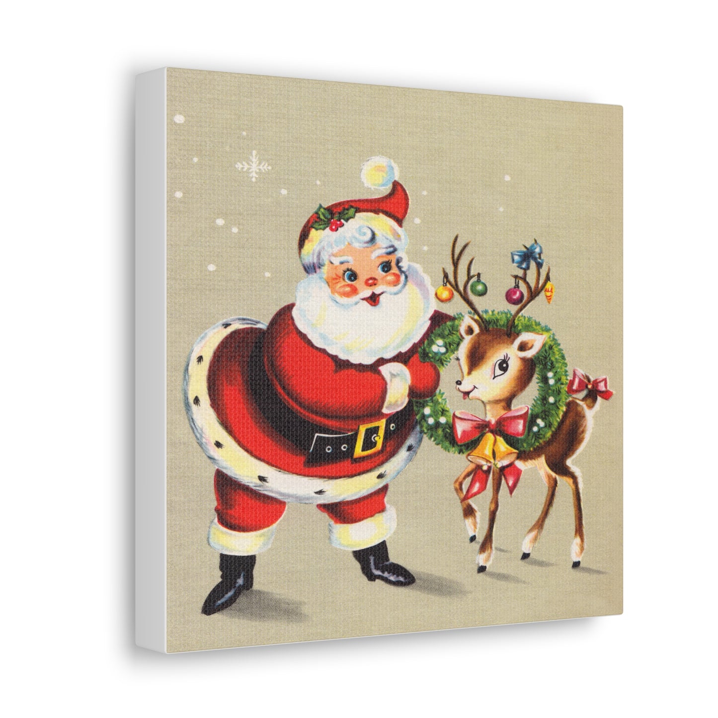 Santa And Reindeer Mid Century Retro Christmas Canvas Gallery Wrap