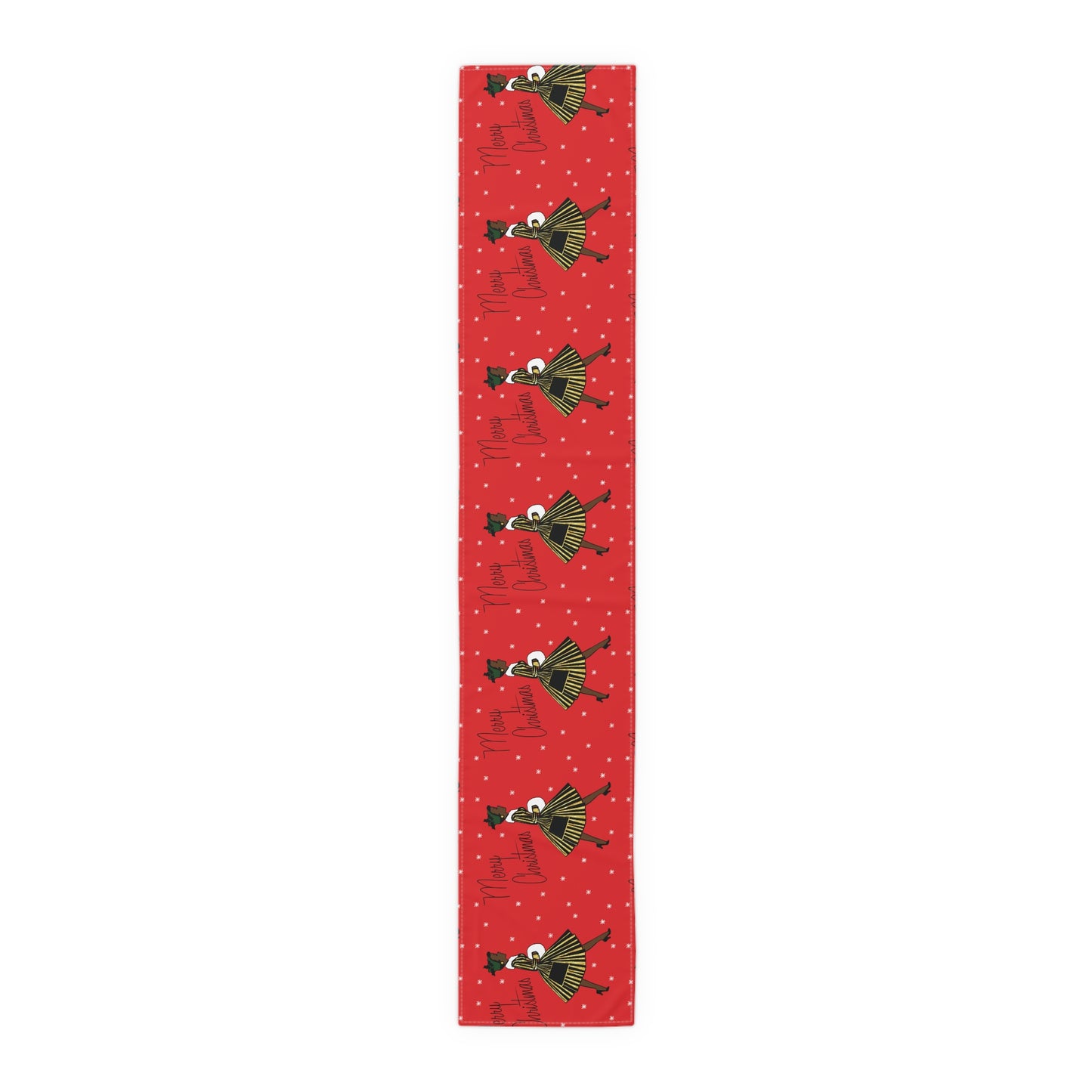 Merry Christmas Lady In Snow Red Retro Christmas Print Home Decor Cotton Poly Table Runner