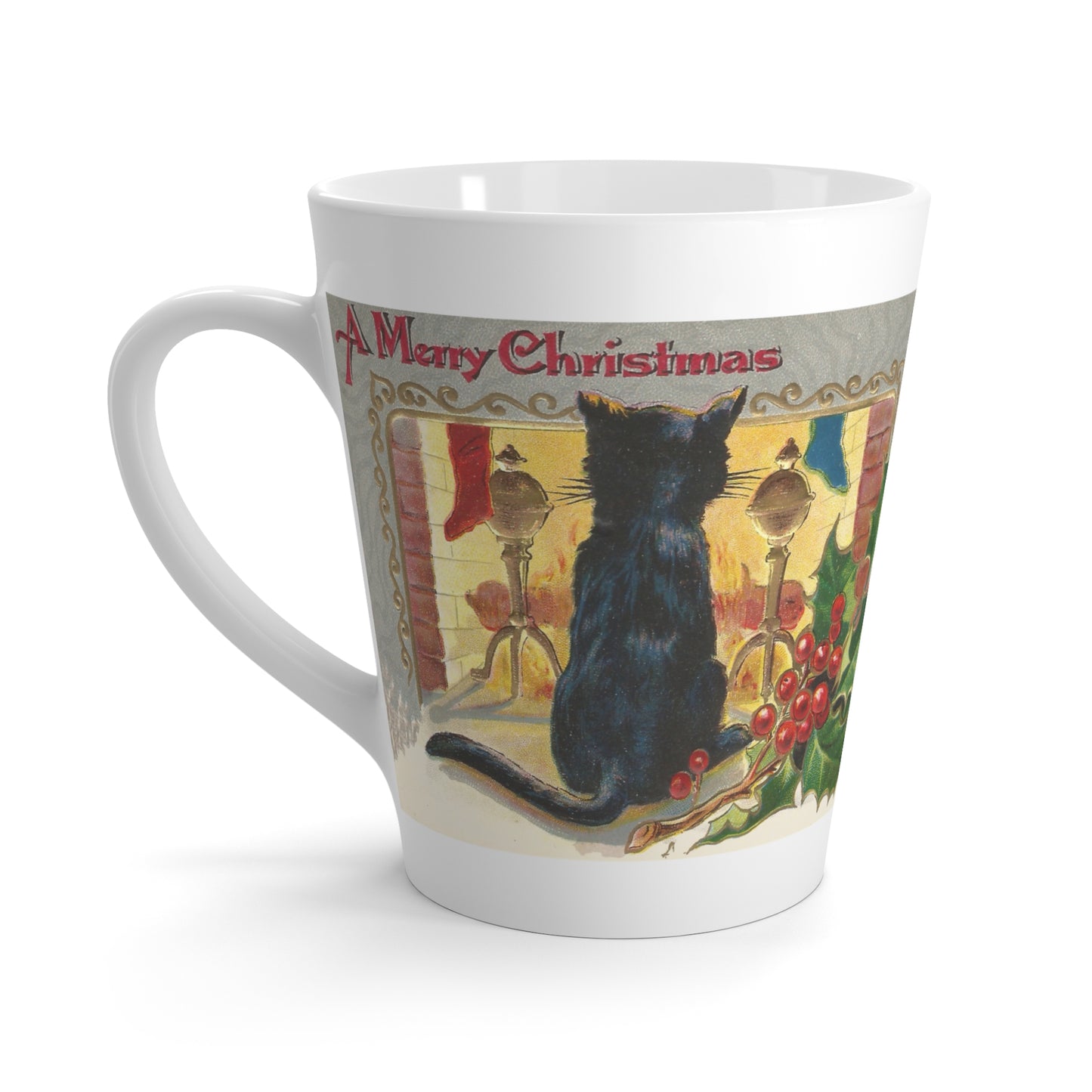 Merry Christmas Black Cat In Front Of Fireplace Retro Christmas Print Latte Coffee Mug