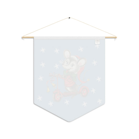 Christmas Mouse On Scooter Stars Blue Retro Mid Century Christmas Print Wall Hanging Banner Flag