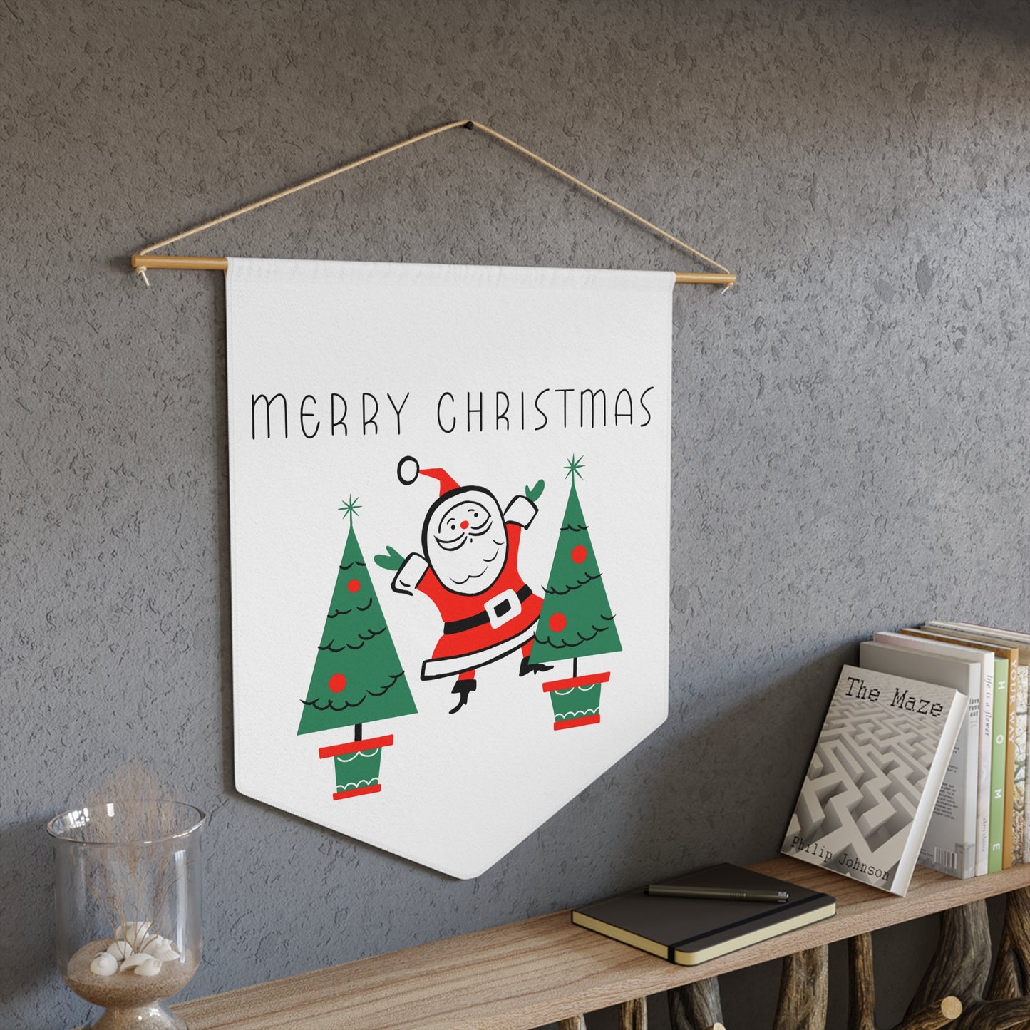 Merry Christmas Santa Christmas Trees Mid Century Retro Christmas Print Wall Hanging Banner Flag