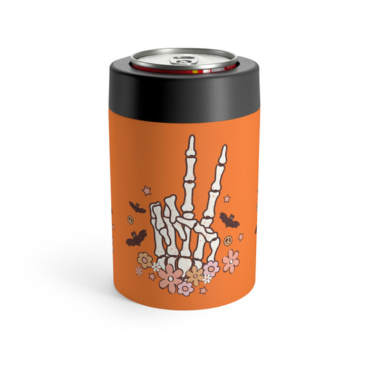 Retro Groovy Halloween Skeleton Peace Sign Stainless Steel Can Holder