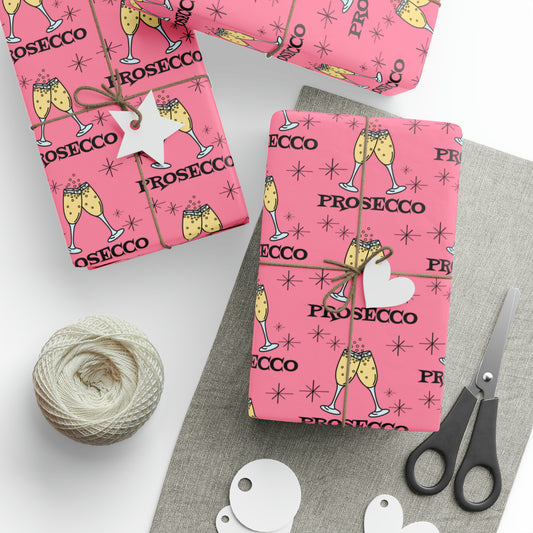 Prosecco Brunch Pink Atomic Retro Style Holiday Gift Wrap Paper - Glossy Or Matte