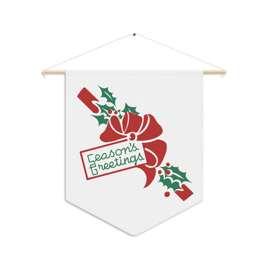 Season's Greetings Christmas Bow And Holly Mid Century Retro Christmas Print Wall Hanging Banner Flag