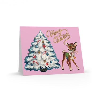 Merry Christmas Reindeer Tree Mid Century Retro Matte Greeting Cards (8, 16, and 24 pcs)