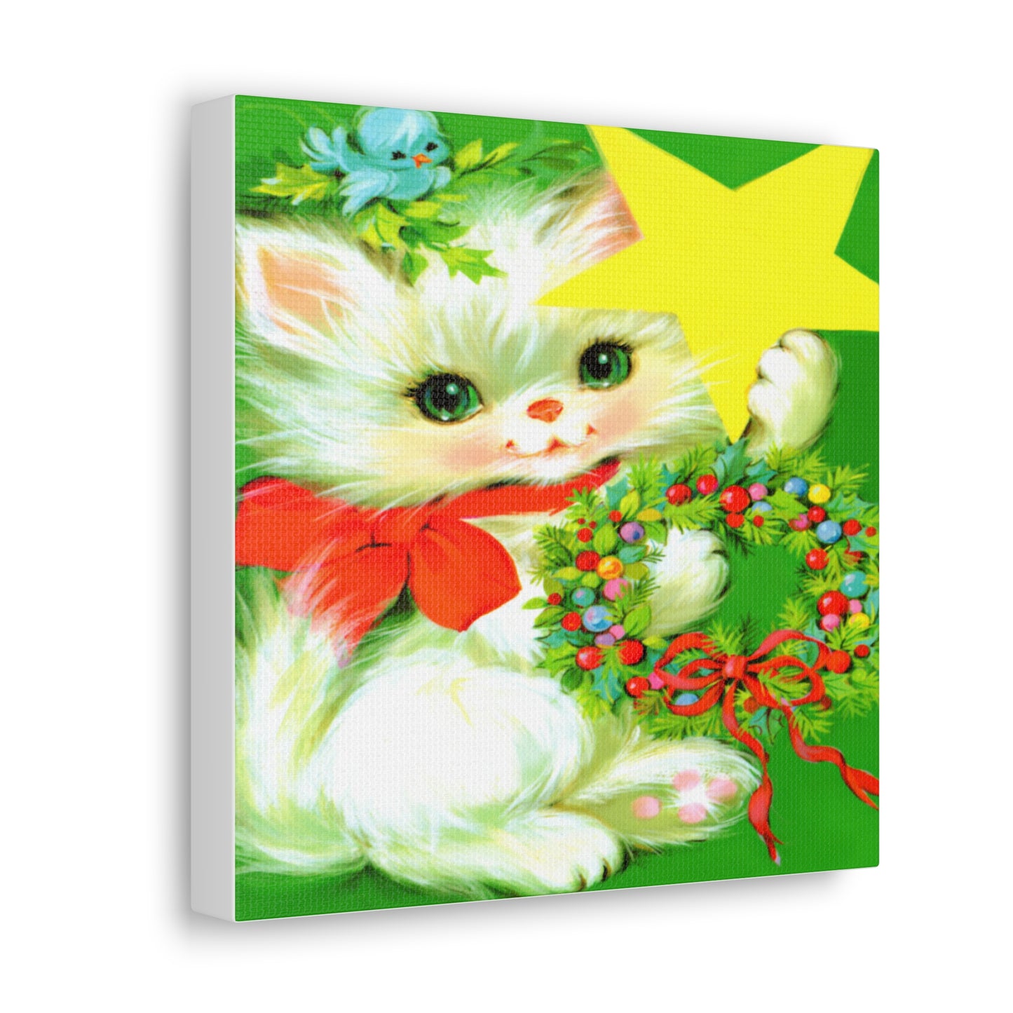 Christmas Kitten With Star Wreath Retro Christmas Print Canvas Gallery Wrap