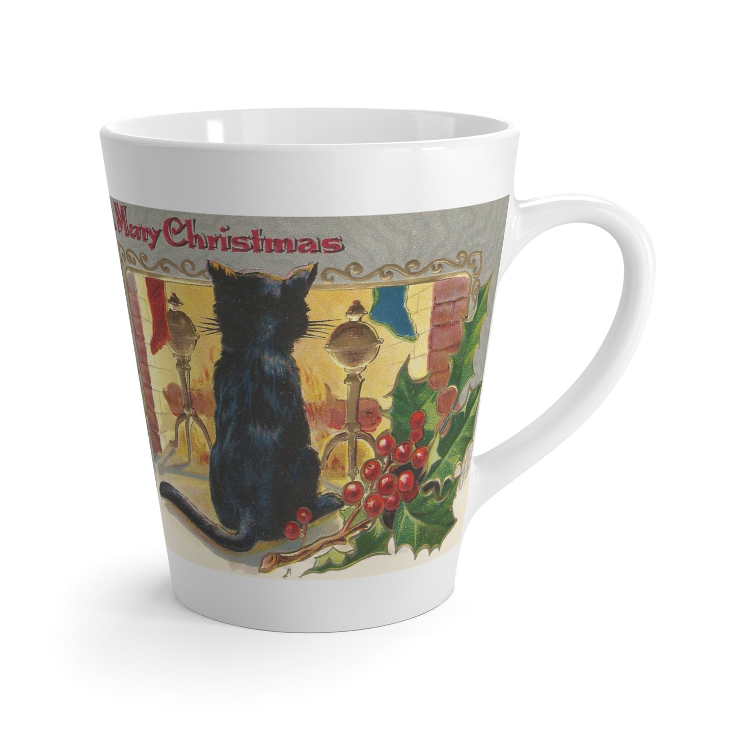 Merry Christmas Black Cat In Front Of Fireplace Retro Christmas Print Latte Coffee Mug