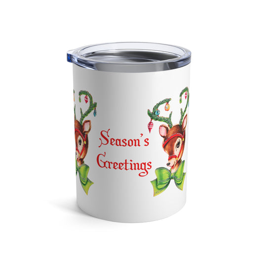 Season's Greetings Reindeer With Ornaments Retro Mid Century Christmas Print Stainless Steel Tumbler 10oz