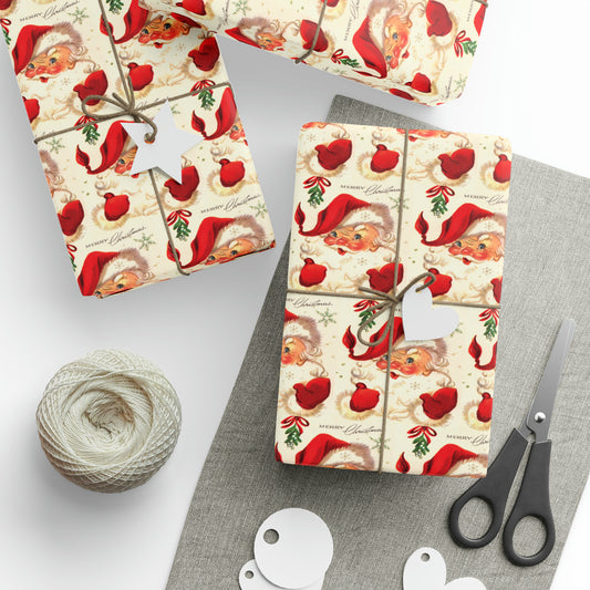 Merry Christmas Santa Under The Mistletoe Mid Century Retro Christmas Print Holiday Gift Wrap Paper - Glossy Or Matte