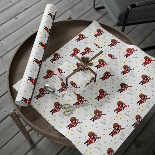 This Christmas gift wrap features a retro illustration of a diverse black Santa holding his sack of presents surrounded but little gold stars.