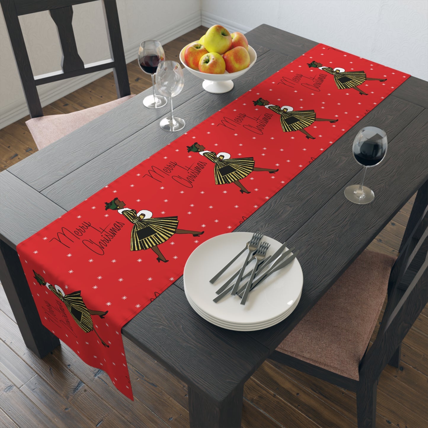 Merry Christmas Lady In Snow Red Retro Christmas Print Home Decor Cotton Poly Table Runner