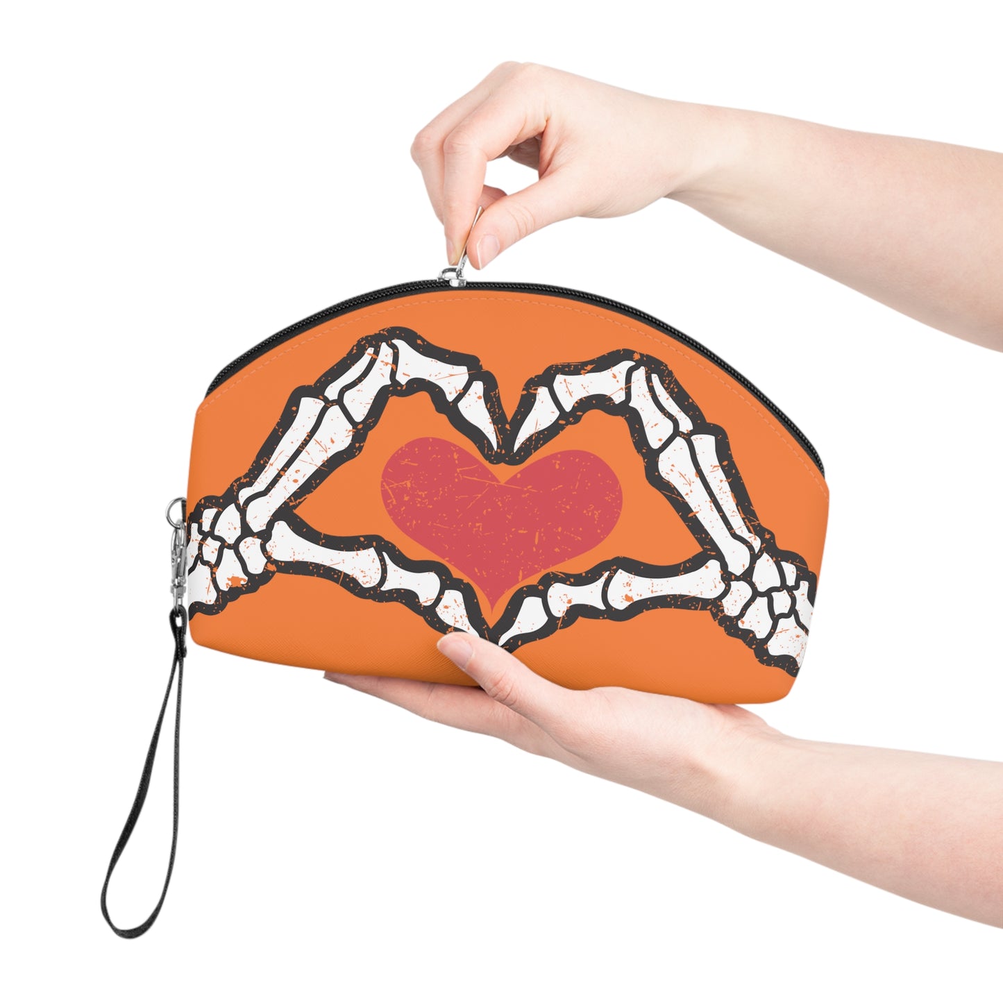 Skeleton Heart Hands Orange Halloween Travel Cosmetic Makeup Bag