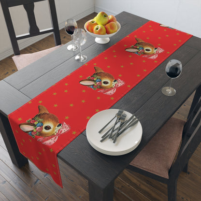 Reindeer Gold Stars Retro Red Christmas Print Home Decor Cotton Poly Table Runner