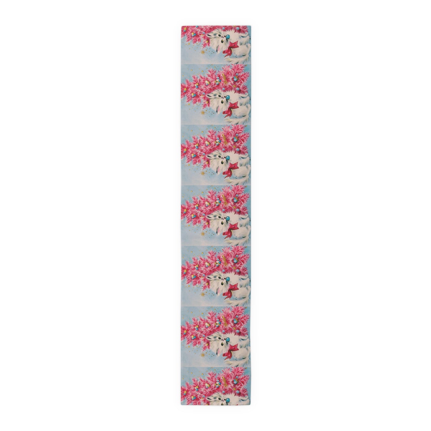 Cute Kitten Pink Christmas Tree Retro Christmas Print Home Decor Cotton Poly Table Runner