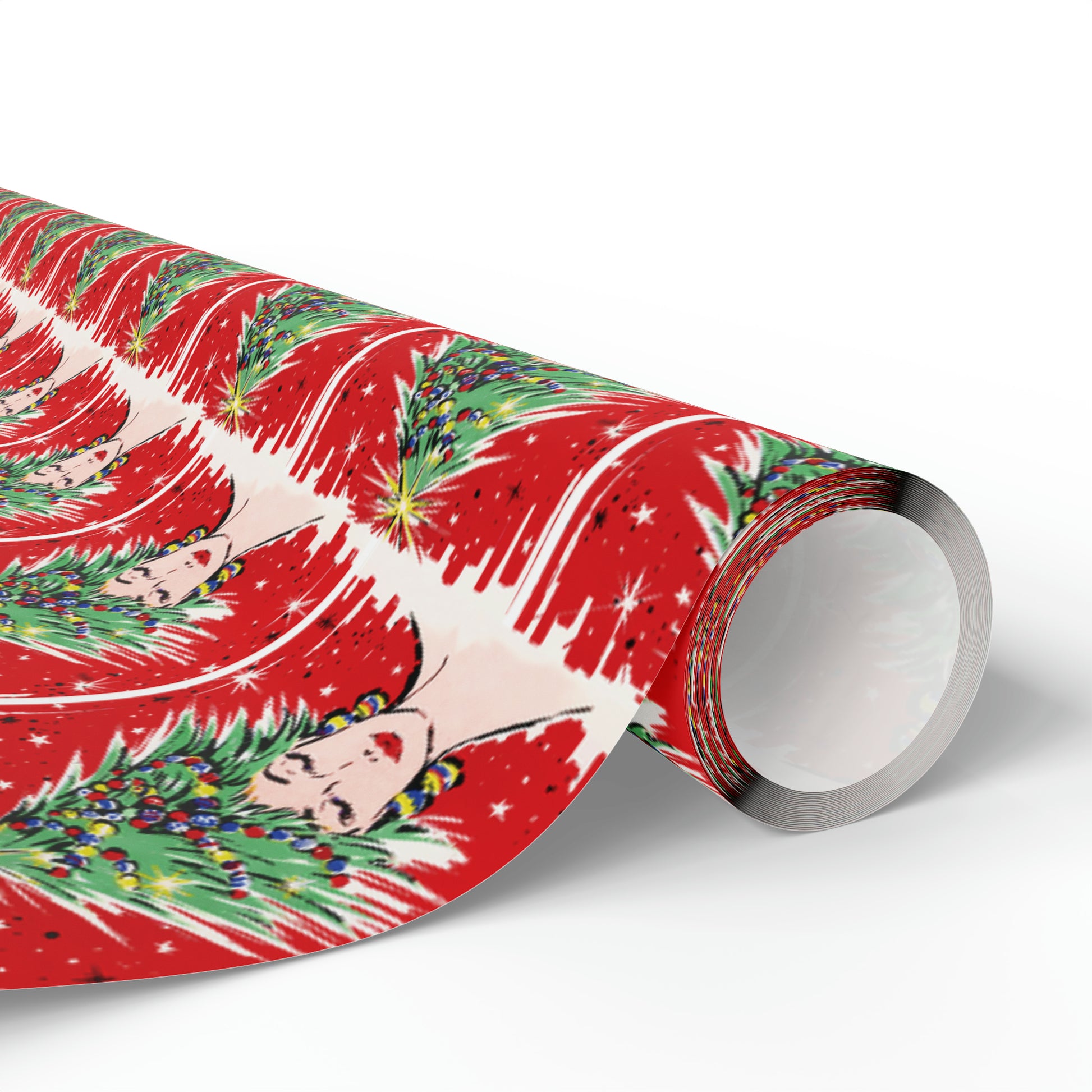 This festive Christmas gift wrap features a retro Midcenturyprint of a woman wearing a Christmas tree hat with a red background and black and white starbursts.