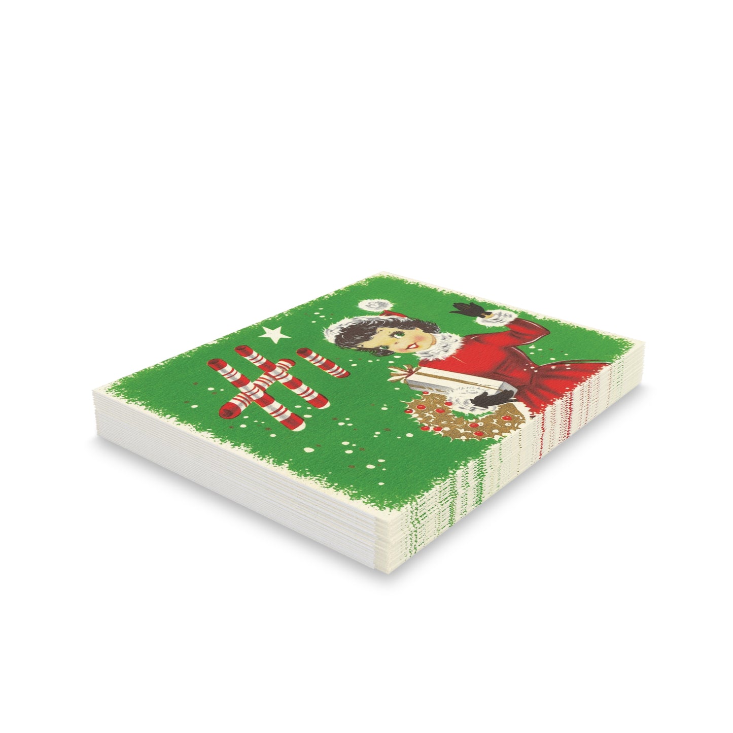 Hi Christmas Lady With Present And Wreath Mid Century Retro Christmas Print Matte Greeting Cards (8, 16, and 24 pcs)