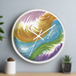 This white wall clock features the original artwork of Caden Caraco titled Space Feathers. Original medium is pen on canvas.  It features swirls in pink, purple, gold, blue and green.