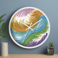 This white wall clock features the original artwork of Caden Caraco titled Space Feathers. Original medium is pen on canvas.  It features swirls in pink, purple, gold, blue and green.