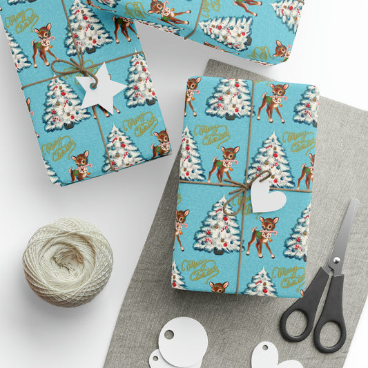 Merry Christmas Reindeer With Candy Cane Tree Blue Mid Century Retro Christmas Print Holiday Gift Wrap Paper - Glossy Or Matte