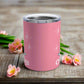 This 10 ounce pink stainless steel tumbler features two toasting champagne glasses with little bubbles. There is atomic era stars and lettering that says Cheers. It comes with a plastic sipping lid.