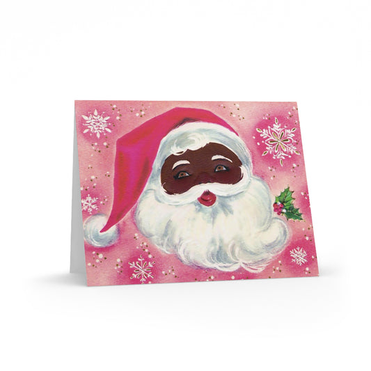 Santa Pink Christmas Mid Century Retro Christmas Print Matte Greeting Cards (8, 16, and 24 pcs)