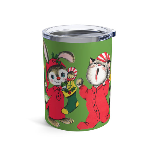 Christmas Bunny Sleepy Kitten Waiting For Santa Vintage Retro Christmas Print Stainless Steel Tumbler 10oz